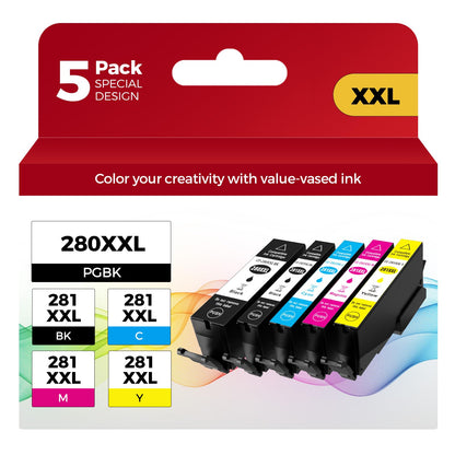 PGI-280XXL/CLI-281XXL Compatible Ink Cartridge Replacement for Canon Ink 280 and 281 Cartridge High Yield Use to PIXMA TR7520 TR8520 TR8500 TR8600 TR8620 TS6120 TS6220 TS9120 (5 Value Pack)