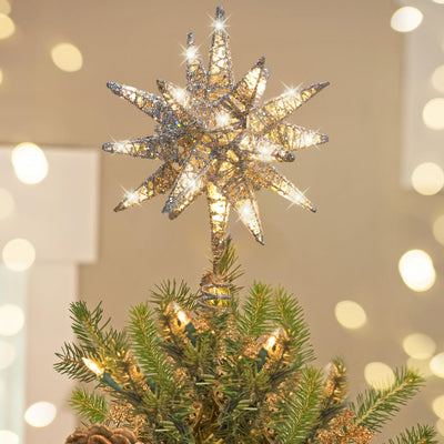 Luxspire Christmas Tree Topper, 3D Star Lighted Tree Topper, Christmas Decorations, Plug in Christmas Tree Topper with Timer, Silver
