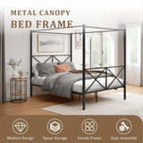 Queen Canopy Bed Frame, Metal Canopy Beds with 4 Poster Design and Geometric Accented Headboard and Footboard, No Box Spring Needed, Underbed Storage Space HomJoones