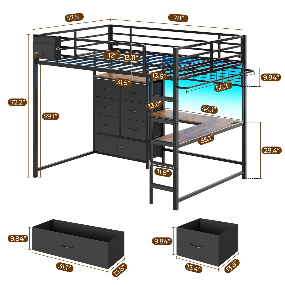 DICTAC Full Loft Bed with L-Shaped Desk and 7 Storage Drawers,Metal Full Size Loft Bed for Teen with LED Lights and Charging Station,13.11" H Safety Guardrail and Ladder,No Box Spring Needed, Black DICTAC