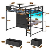 DICTAC Full Loft Bed with L-Shaped Desk and 7 Storage Drawers,Metal Full Size Loft Bed for Teen with LED Lights and Charging Station,13.11" H Safety Guardrail and Ladder,No Box Spring Needed, Black DICTAC