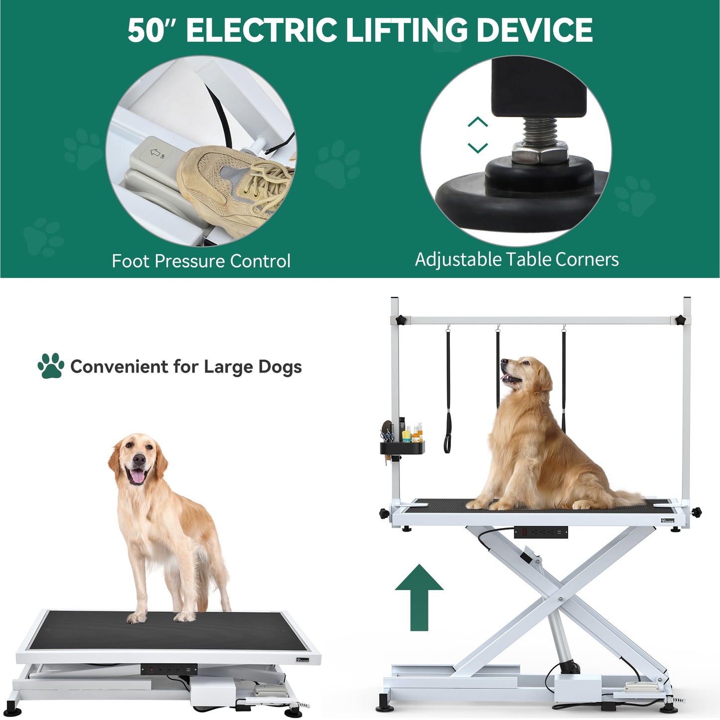 YITAHOME 50" Electric Dog Grooming Table Professional Heavy Duty Pet Grooming Table for Dogs at Home, Aluminium Adjustable Overhead Arm & Tool Organizer, Large Pet Grooming Station White - WoodArtSupply