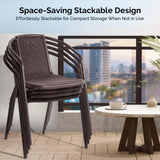 VINGLI Stackable Outdoor Chair Set of 4, Rattan Plastic Chair, Woven Rattan Cushion, Suitable for Backyard, Patio, Brown VINGLI