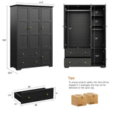 ONBRILL 3 Doors Wooden Wardrobe Closet Armoire with Pull Out Pants Rack, Bedroom Large Capacity Armoire with Drawers and Shelves, Storage Cabinet for Hanging Clothes, Black ONBRILL
