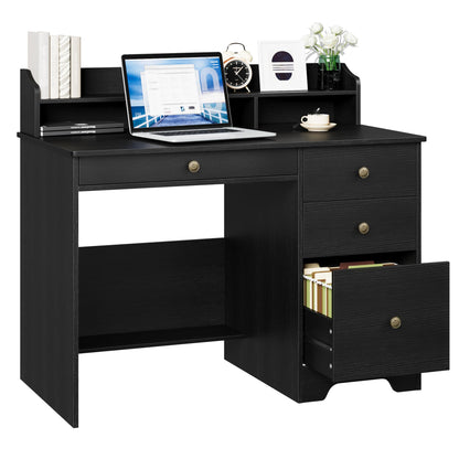 TTVIEW Computer Desk with Drawers and Hutch Shelf, Wood Executive Desk Writing Study Table with 43” Wide Tabletop, Small Desk with File Drawer for Home Office Bedroom, Black - WoodArtSupply