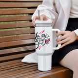 AGH 4 Pack 40 oz Sublimation White Tumbler with White Handle and Stainless Steel Straw, Insulated Double Wall Vacuum Reusable Cups with White Leakproof Lid AGH