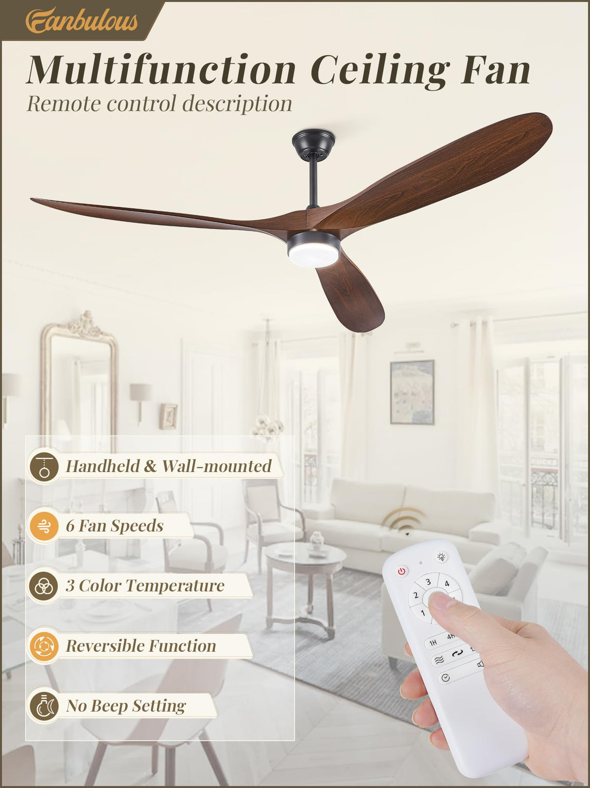 Fanbulous 70 inch Propeller Ceiling Fan With Light, Led Large Ceiling Fan with 6 Speeds, 3 ABS Wood Grain Blades Outdoor Ceiling Fans for Patios, Porch, Bedroom, 1/4/8H Timing- Deep Walnut Fanbulous