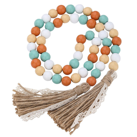 Fall Decorations Harvest Wood Bead Garland with Tassel, Home Farmhouse Tiered Tray Decor with Jute Rope Plaid Tassel, Rustic Fall Décor for Mantle Porch Door Shelf Orange White Rae Dunn Fall Beads Sfoni
