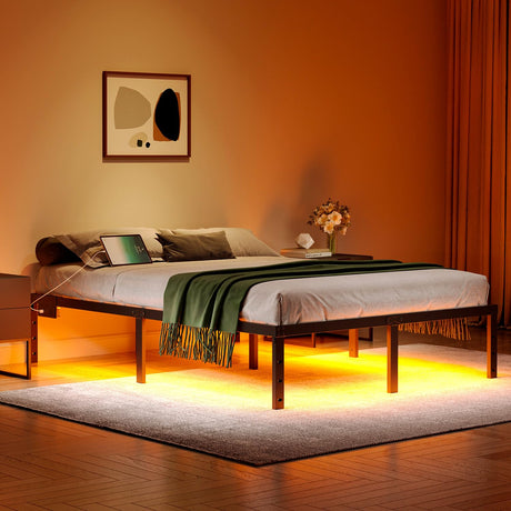 HAVONIZD Queen Bed Frame with LED Lights & Charging Station - 14 Inch Heavy Duty Metal Platform Bed Frame No Box Spring Needed, Easy Assembly, No Noise HAVONIZD