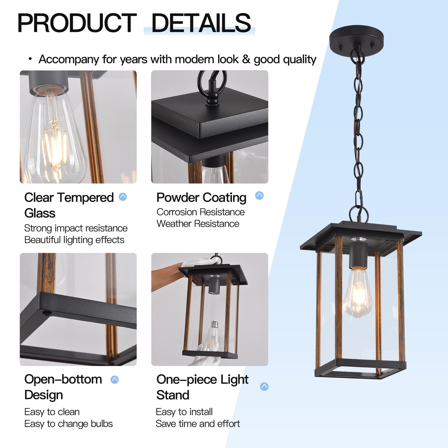 Smeike Large Outdoor Pendant Light, 14.6”H Black Exterior Hanging Lantern Wood Finish, Height Adjustable Outside Chandelier with Clear Glass for Porch, Farmhouse, House - WoodArtSupply