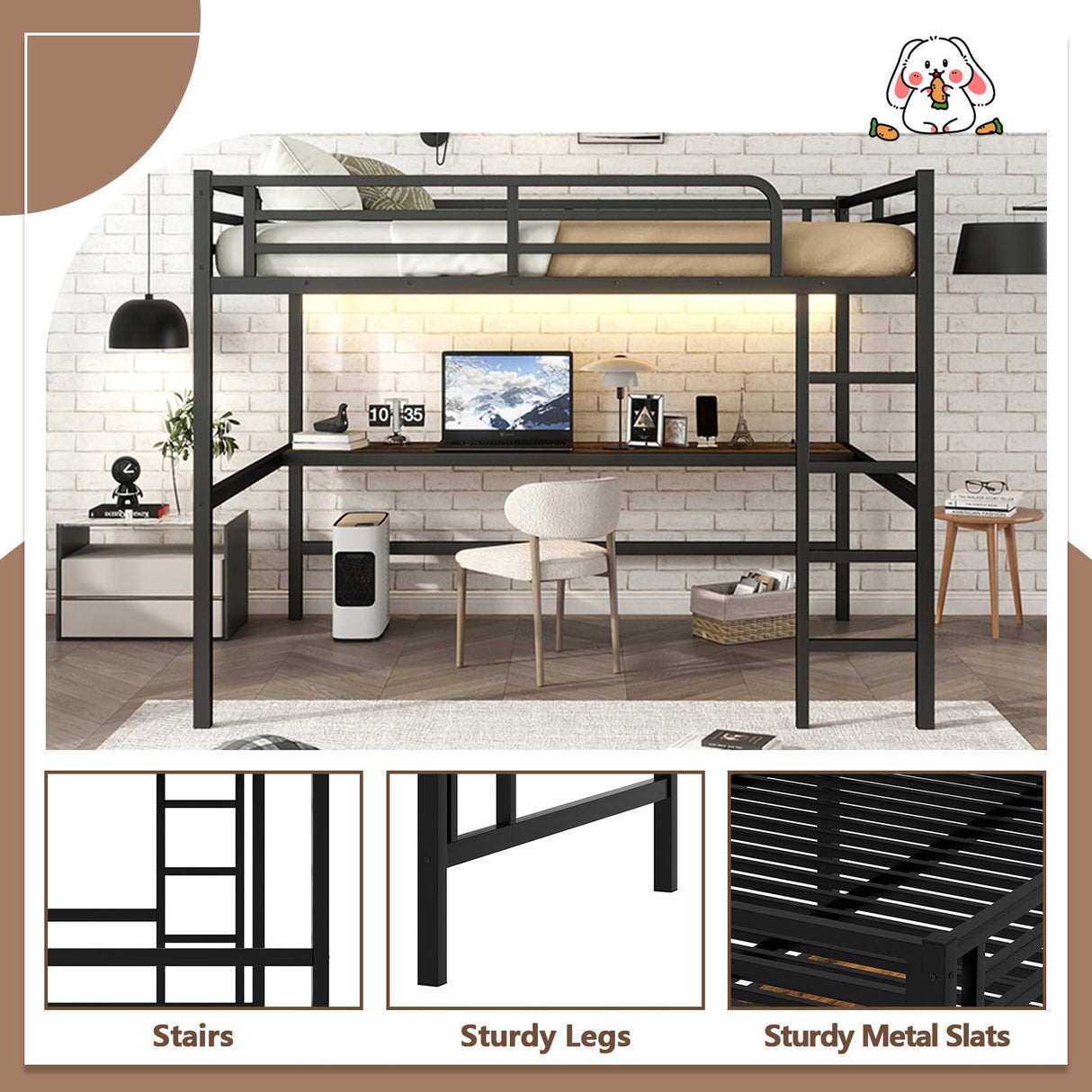 thctvous Queen Loft Bed with Desk,Gaming Loft Bed with LED, Guardrail,Heavy Duty Metal Bed Frame for Adults Teens,Space-Saving,Noise Reduced (Black, Queen) Thctvous