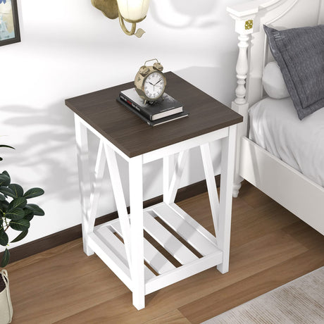 ChooChoo Farmhouse End Table, Rustic Vintage End Side Table with Storage Shelf for Small Spaces, Nightstand Sofa Table for Living Room, Bedroom White 2 Pack ChooChoo