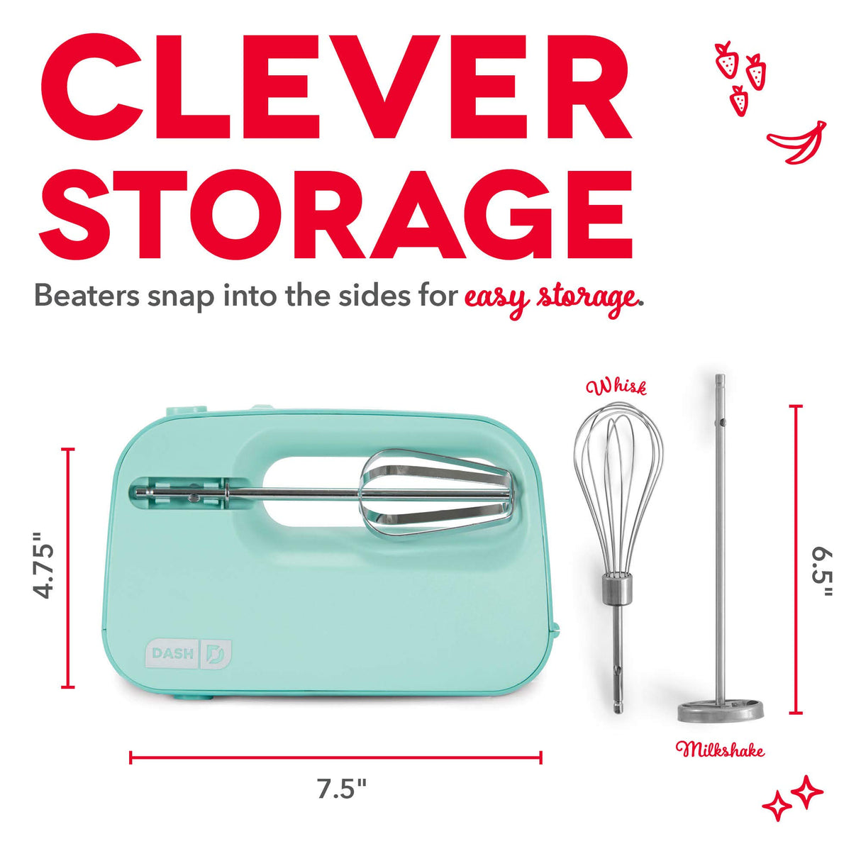 Dash SmartStore™ Deluxe Compact Electric Hand Mixer + Whisk and Milkshake Attachment for Whipping, Mixing Cookies, Brownies, Cakes, Dough, Batters, Meringues & More, 3 Speed, 150-Watt – Aqua DASH