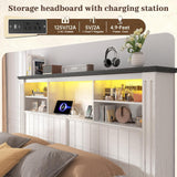 EnHomee King Bed Frame and Headboard, King Size Bed Frame with 4 Storage Drawers, King Bed King with LED Lights & Charging Ports,No Box Spring Needed,NO Noise,Wooden, White EnHomee