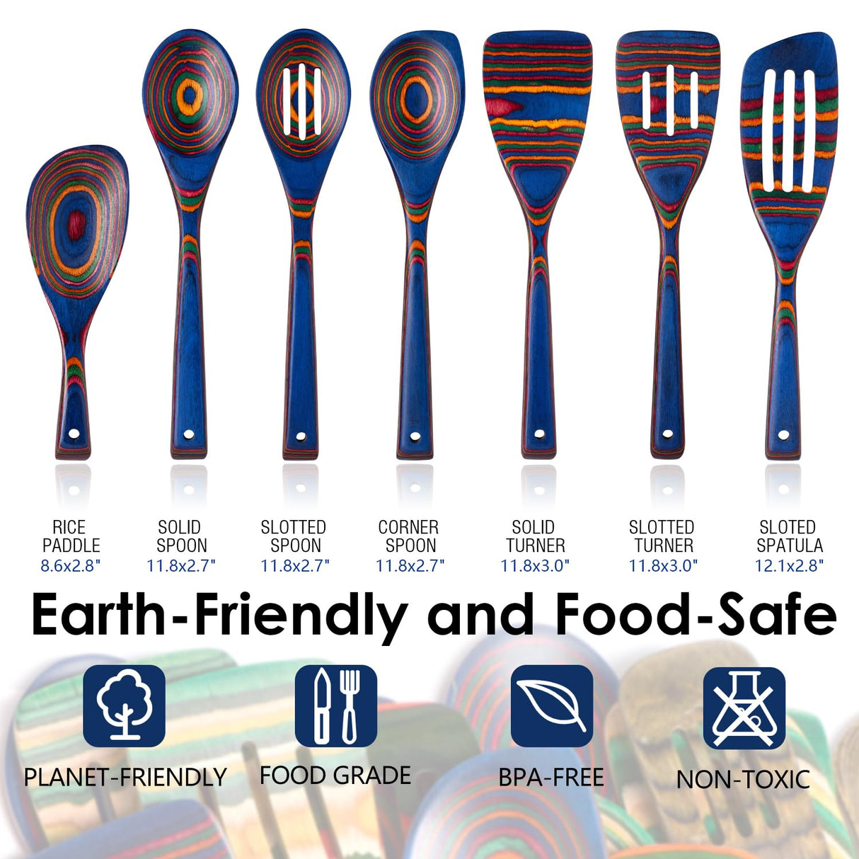 Wooden Spoons for Cooking, 7 Pcs Pakkawood Wooden Kitchen Cooking Spoon Utensil Tools Set Includes Spatula Corner Spoon Rice Paddle Friendly to Non-Stick Cookware by HOWHONG (Blue) HOWHONG