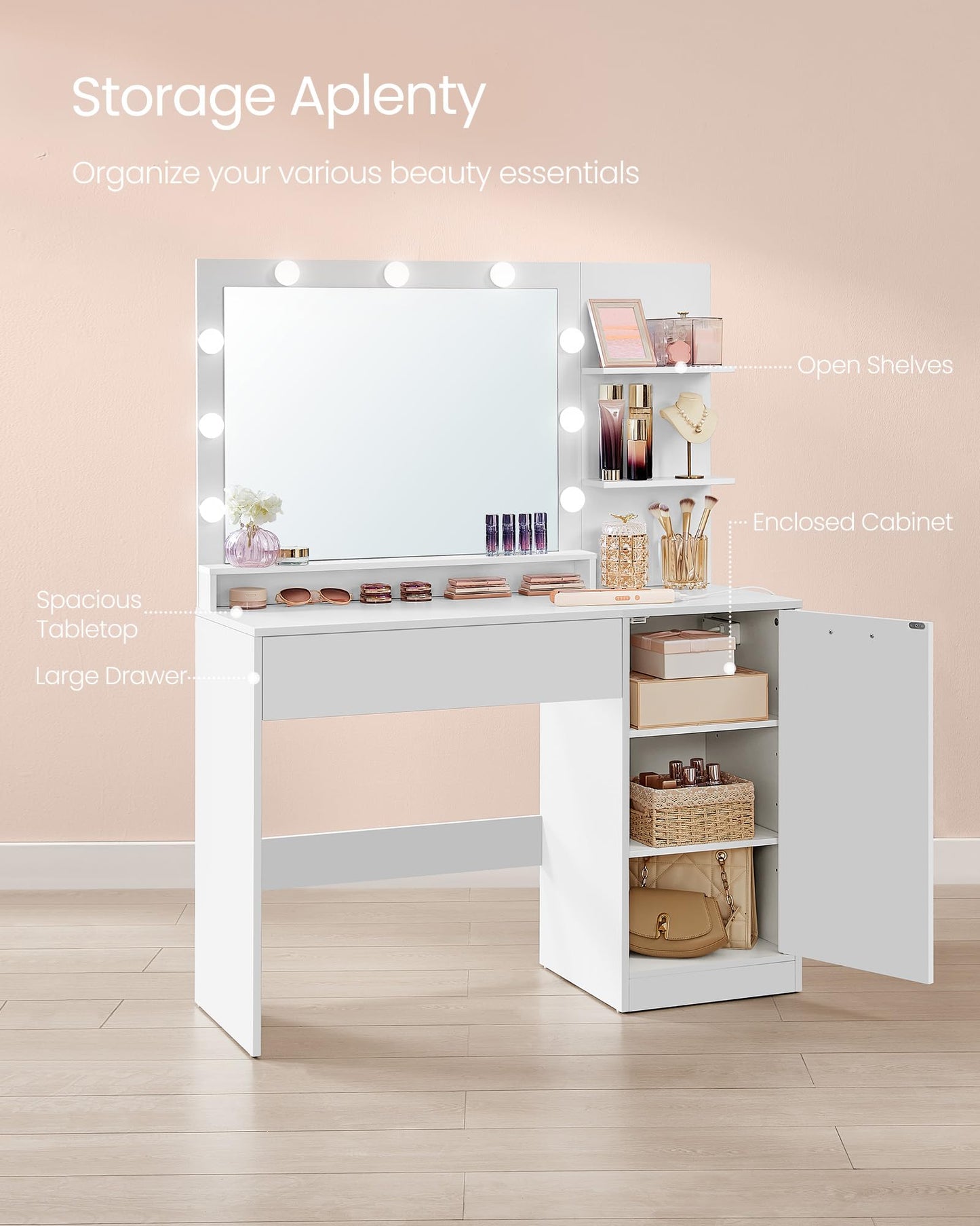 VASAGLE Vanity Desk with Mirror and Lights, 43.3-Inch Wide Makeup Vanity with Upholstered Vanity Stool, Power Outlets, Dimmable LED Lights, Storage Drawer, for Bedroom, Cloud White URDT628W01