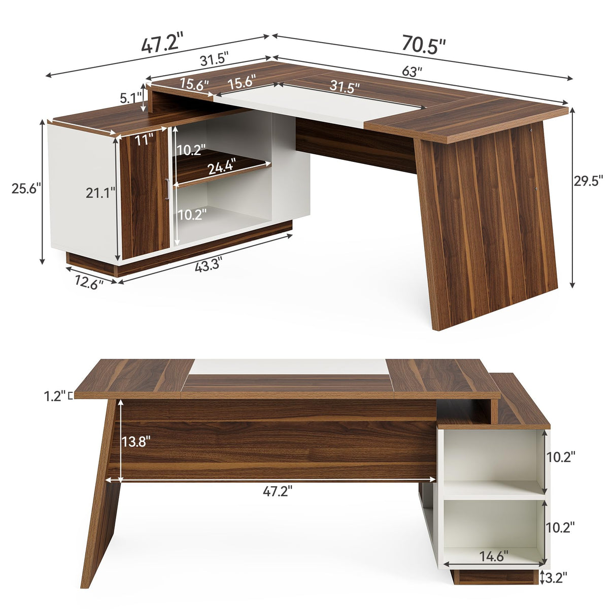 LITTLE TREE 70.5-Inch Executive Desk, Large Home Office Desk with Storage Cabinet and Open Shelves, L-Shaped Computer Corner Desk, Workstation for Office Home, Walnut and Black LITTLE TREE