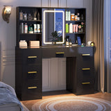 47'' W Large Vanity Desk with Mirror and Lights, 8 Storage Shelves 7 Drawers Vanity Table, Big Makeup Vanity Desk with 3 Lighting Modes, Vanity Dresser with Charging Station, Sliding Mirror (Black) knoworld