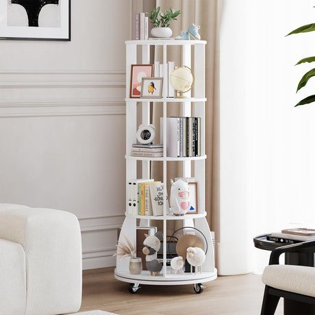 iabifo 4 Tier Rotating Bookshelf with Brake Wheels, 360° Spinning Bookcase, Vertical Floor Standing Revolving Bookshelf Organizer for Small Spaces, Corner, Living Room, Bedroom, White iabifo