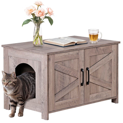 ZENY Cat Litter Box Enclosure, Litter Box Furniture Hidden, Wooden Litter Cabinet with Divider, Farmhouse Style Cat Washroom Storage Bench，Fit Most of Litter Box, Greige