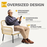 DWVO 2-Seater Outdoor Loveseat Set, All-Weather Wicker Rattan Patio Furniture with Cushions & Tempered Glass Side Table for Backyard, Balcony, Deck, Light Brown + Beige DWVO