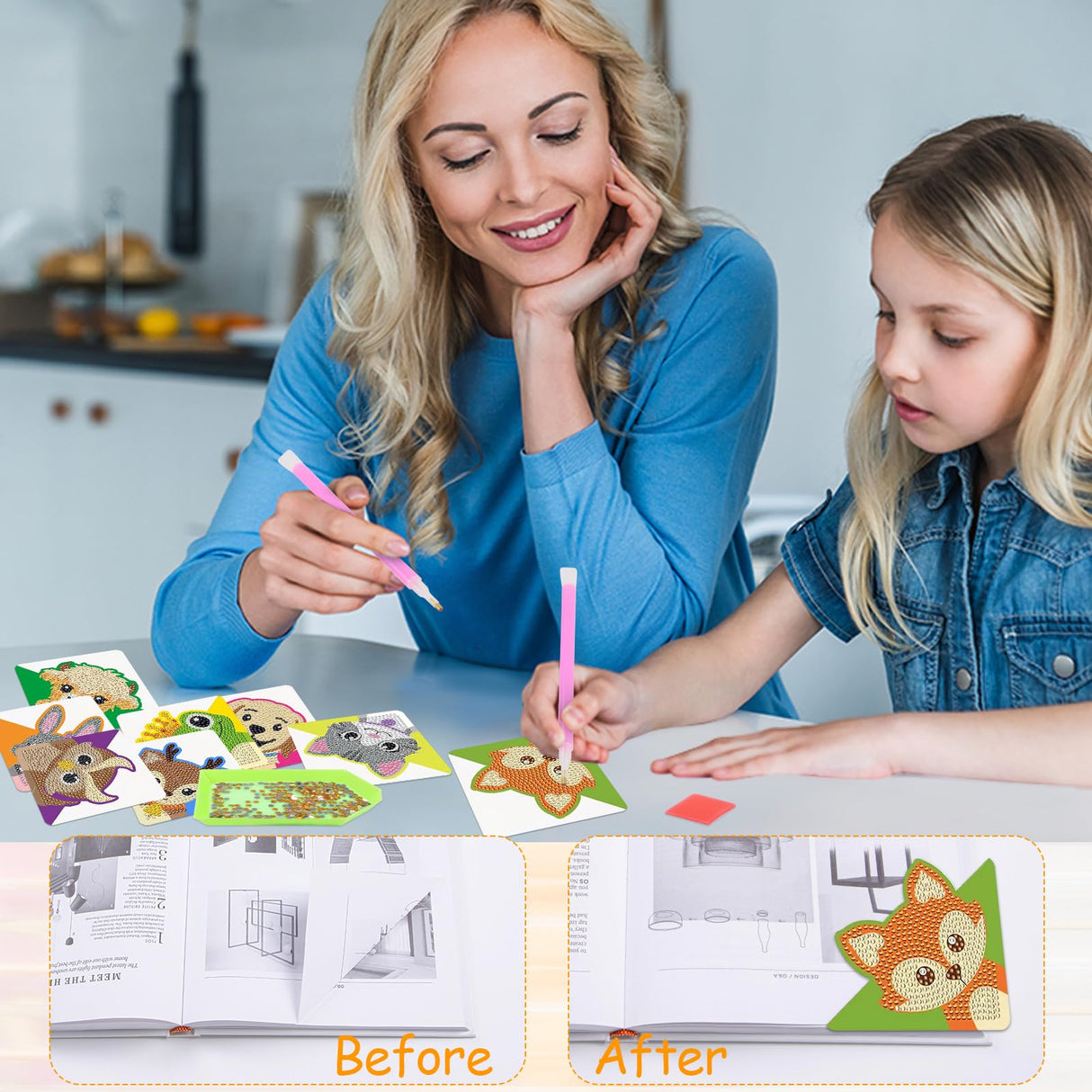 Anseal 8 Pcs Diamond Art Bookmarks, Rhinestone Crystal Corner Bookmarks for Book Lovers, Triangle Embroidery Painting Arts Crafts Book Mark for Kids (Animal) Anseal