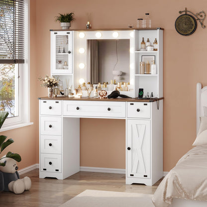 DICTAC Farmhouse Makeup Vanity Desk with Mirror and Lights, Large Vanity Table with Charging Station, 43'' Bedroom Dressing Table with 6 Drawers & 2