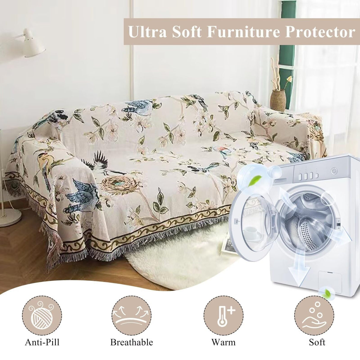 VClife Boho Beige Floral Birds Couch Cover Soft Thick Cotton Linen Farmhouse Sofa Cover for 3 Cushion Couch Sofa, Breathable Non-Slip Sectional Sofa Protector 1 PC Futon L Shpe Slipcover with Tassels VClife