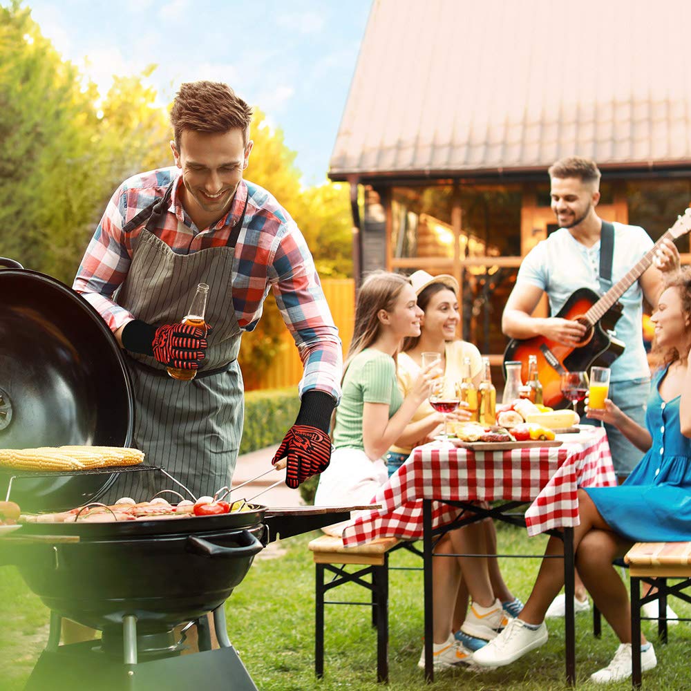 Grilling Gloves 1472℉ Extreme Heat Resistant, 14 Inch Grill BBQ Gloves for Men, Silicone Non-Slip Kitchen Oven Mitts, Hot Cooking Oven Gloves for Grilling, Frying, Baking, Welding, Fireplace Hostaque