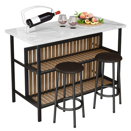 Lamerge Industrial 3-Piece Marble Bar Table Set with Storage Shelves and Stools in White Lamerge