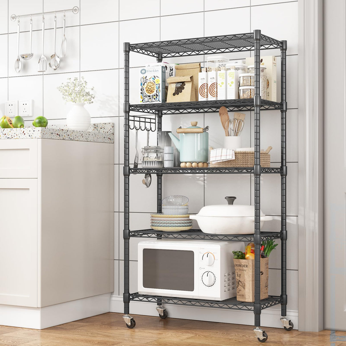 Homdox 5 Tier Metal Storage Shelves with Wheels, Heavy Duty Wire Shelving Unit, Adjustable Storage Racks with Side Hooks for Bathroom Kitchen Garage Homdox