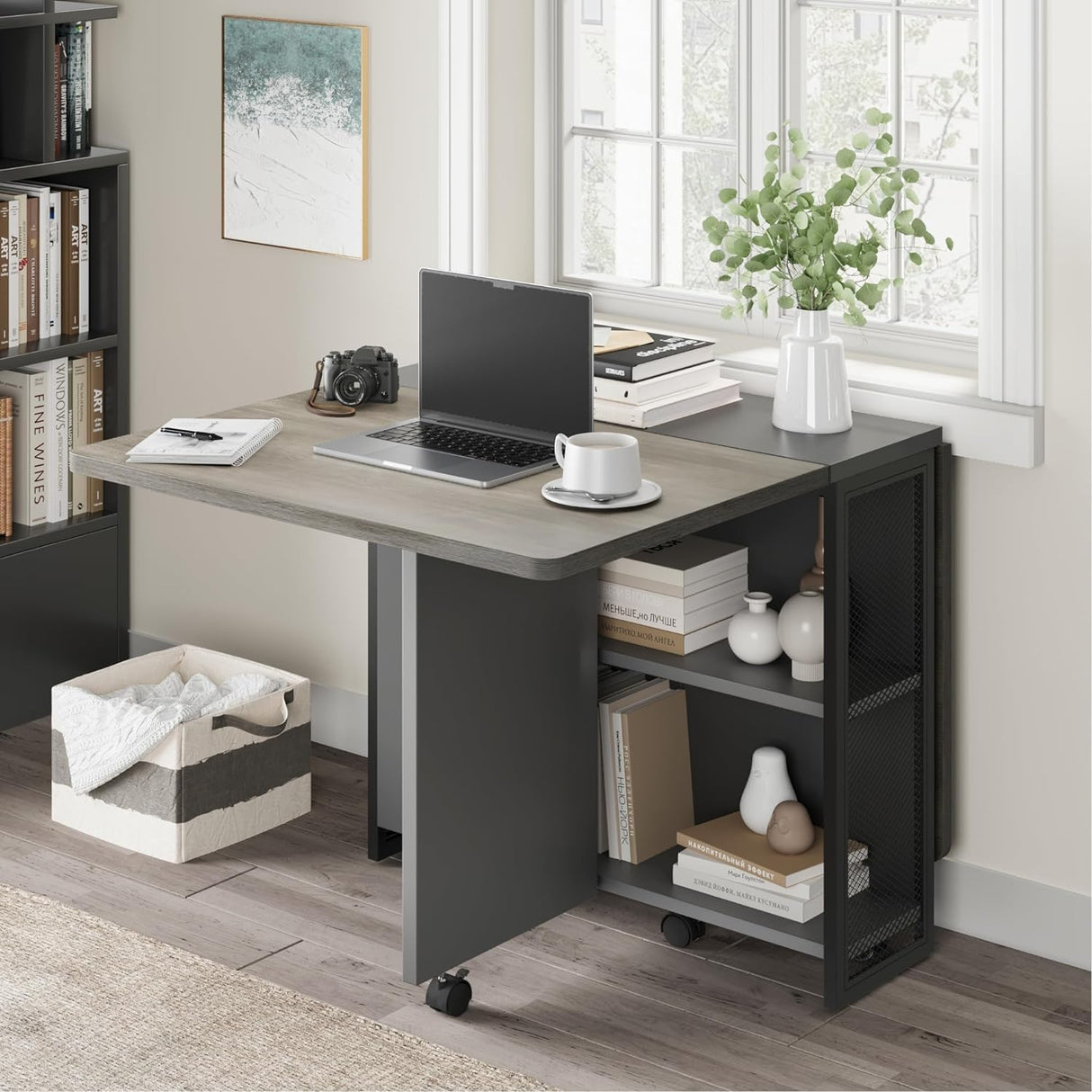 IDEALHOUSE Folding Dining Table, Drop Leaf Dining Table with 6 Wheels and 2-Layer Storage Shelf, Space Saving Dining Table for Small Spaces (Carlo Grey, 50.1" D x 31.4" W x 29.5" H) IDEALHOUSE