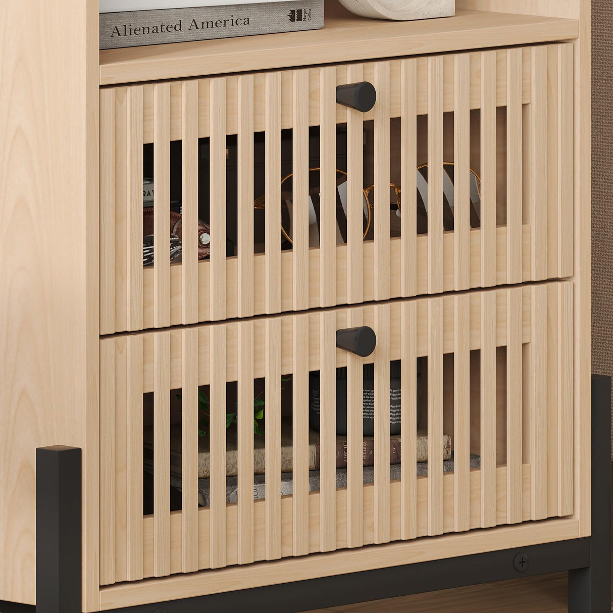 Vabches Fluted Nightstand with Charging Station and USB Ports, End Table with 2 Storage Drawers and Open Shelf, Sofa Side Table for Bedroom, Living Room, Set of 1 Vabches