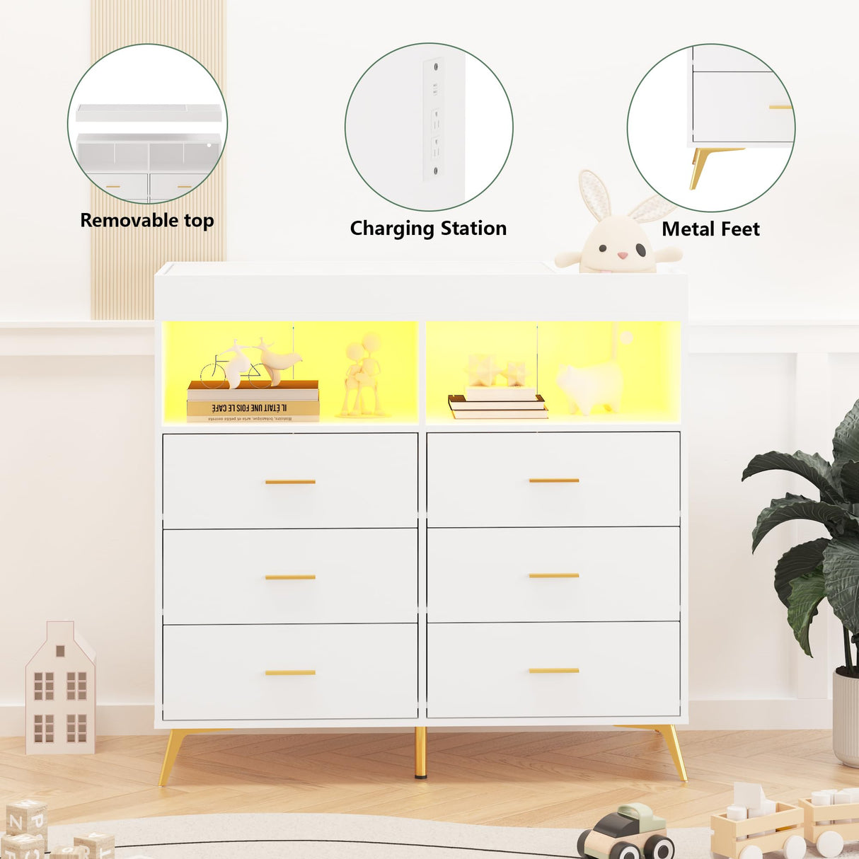 GarveeHome Dresser for Bedroom with 6 Drawers, Baby Changing Table Dresser with Changing Pad, LED Lights & Charging Station, Baby Changing Station with Changing Table Top, White GarveeHome