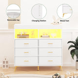 GarveeHome Dresser for Bedroom with 6 Drawers, Baby Changing Table Dresser with Changing Pad, LED Lights & Charging Station, Baby Changing Station with Changing Table Top, White GarveeHome