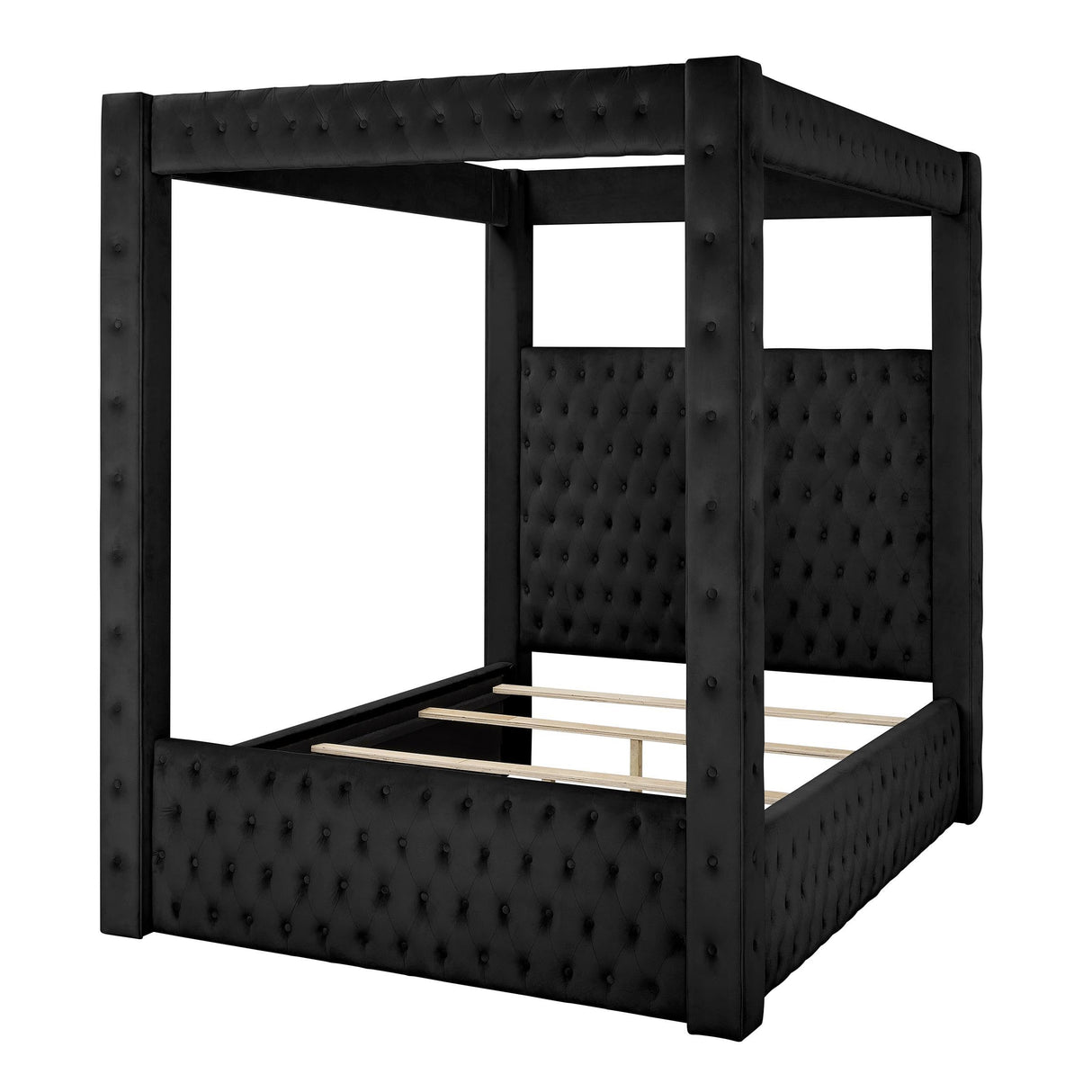 Velvet Canopy Bed Frame Queen - Upholstered Four Poster Bed Frame with Tufted Headboard and Footboard, Luxury Bed Frame with Wood Slats for Bedroom Furniture, Box Spring Required, Black Wirktive