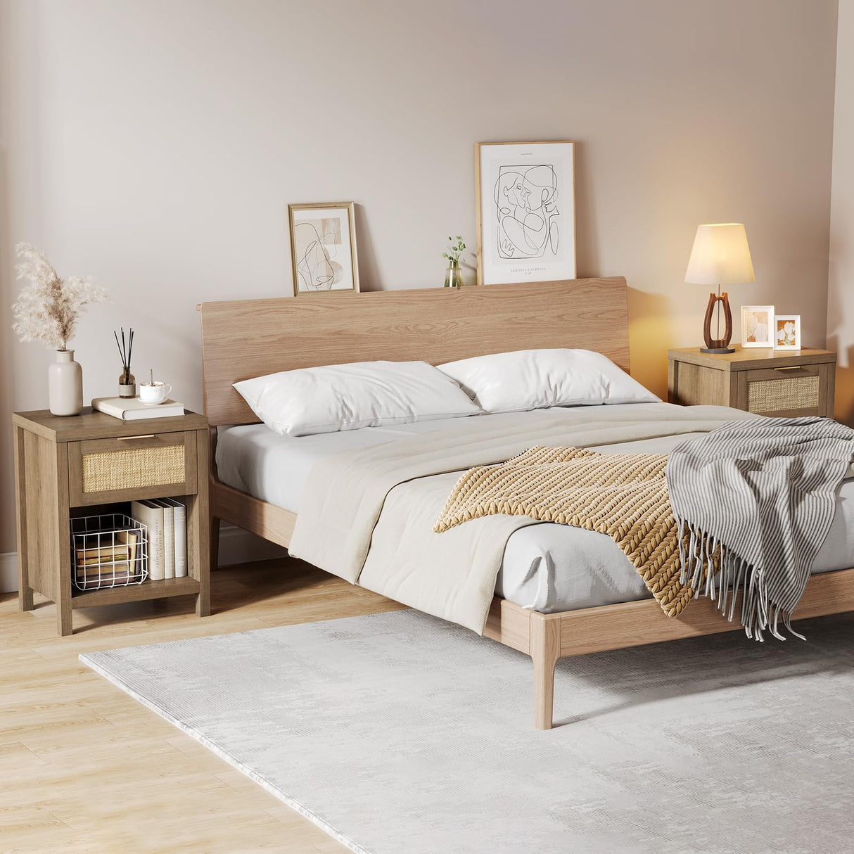 Eclatara Rattan Nightstand Set 2: Boho End Table with Drawer and Storage Shelf, Farmhouse Cane Accent Bedside Night Stands for Bedroom Small Space Sofa (2, Caramel Oak) Eclatara