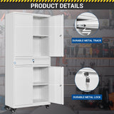 Fesbos 73" Metal Cabinet-White Heavy Duty Rolling Storage Cabinet Steel Tool Cabinets with Wheels, Shelves, Lockable Doors and Drawers- for Garage, Pantry, Warehouse Home Office- Assembly Required Fesbos