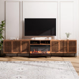 BVIUNTWO 3-Sided Glass Farmhouse Fireplace TV Stand for TVs Up to 110 Inch, Entertainment Center with 36" Electric Fireplace, Brown TV Console with Storage Cabinets for Living Room BVIUNTWO