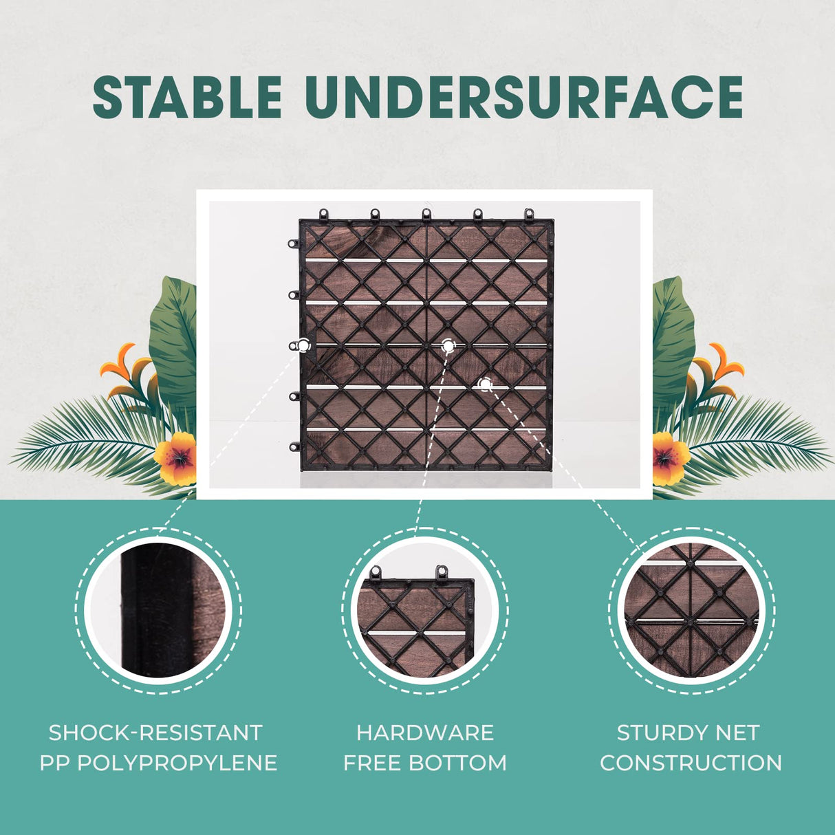 Idzo Interlocking Deck Tiles - 10PCS Waterproof Acacia Wood Patio Tiles, Flooring Tiles for Both Indoor and Outdoor - Decking Stripe Pattern, Dark Brown, 12 x 12 x 0.9 inches IDZO