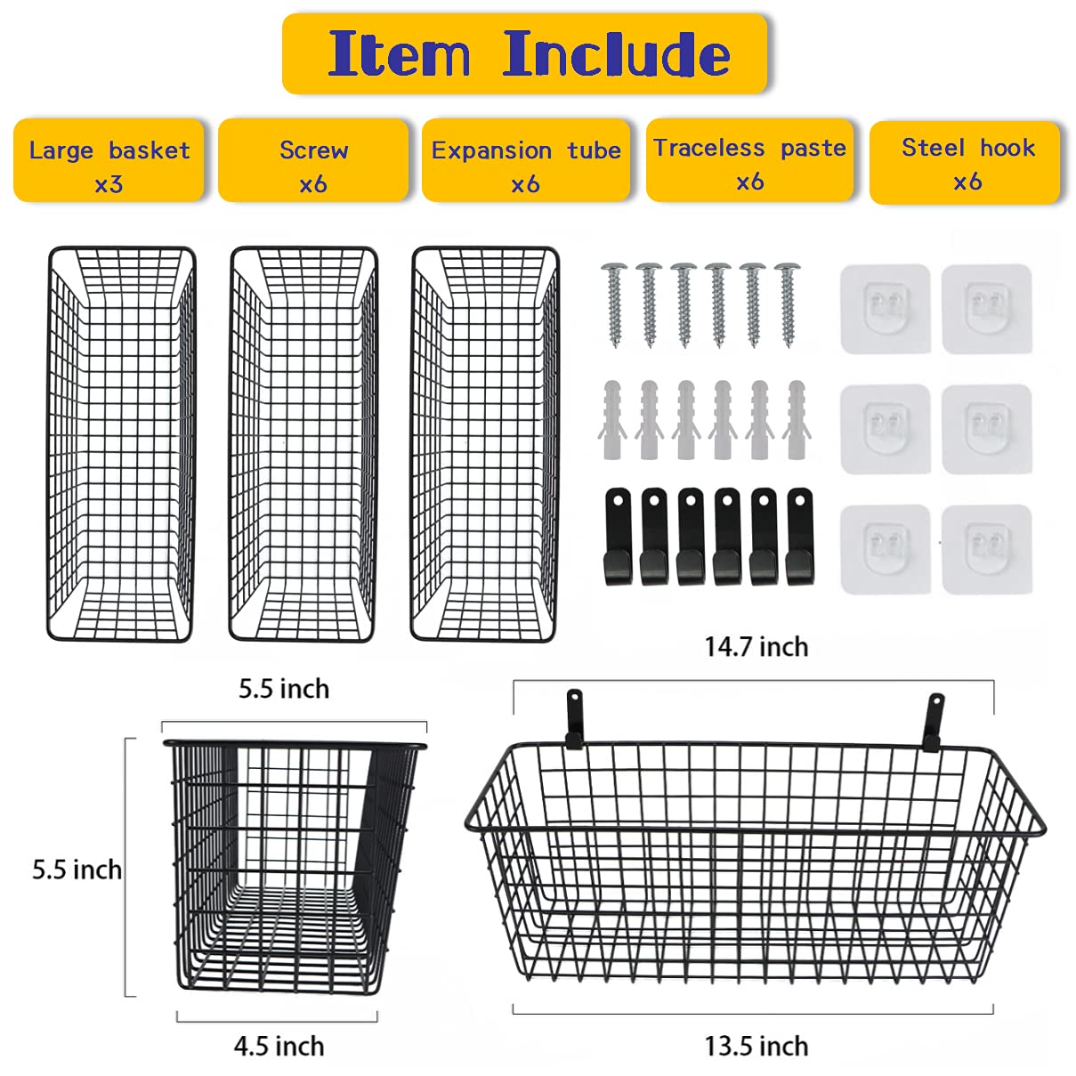 3 Set [Extra Large]Hanging Wall Wire Baskets, Farmhouse Food Storage Kitchen Pantry Laundry Closet Garage RV,Black Joben Oligey
