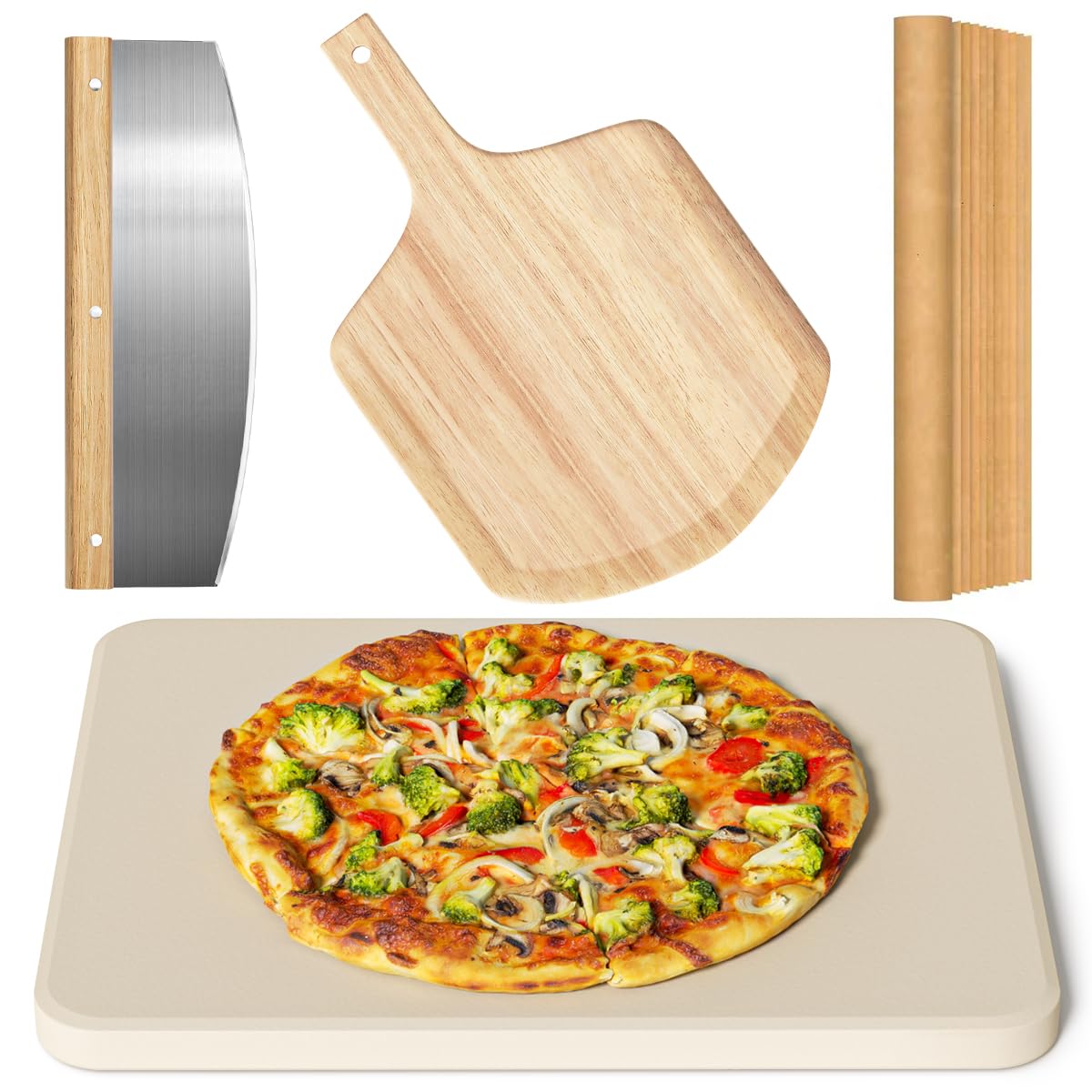 4 PCS Rectangle Pizza Stone Set, 15" Large Pizza Stone for Oven and Grill with Pizza Peel(OAK), Pizza Cutter & 10pcs Cooking Paper for Free, Baking Stone for Pizza, Bread,BBQ Gyreuni