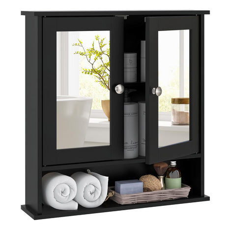 Tangkula Bathroom Medicine Cabinet with Mirror, Wall Mounted Wooden Hanging Organizer with Doors and Shelves, Bathroom Wall Mirror Cabinet (Mirror Doors, Black) Tangkula