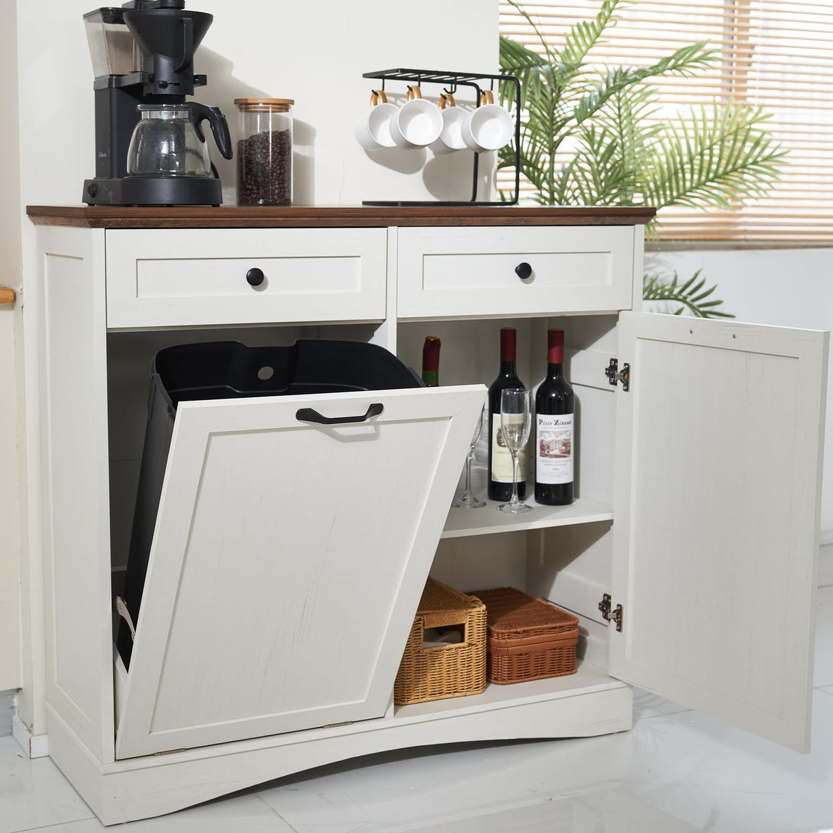 Spurgehom 13 Gallon Tilt Out Trash Cabinet Kitchen Waste Bins, Laundry Hamper Tilt Out Pet Proof Hidden Trash Bin for Kitchen Living Room, Antique White Spurgehom