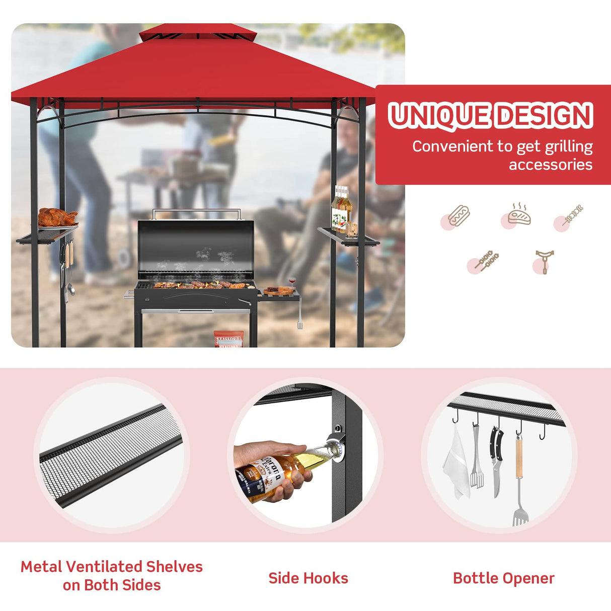 Tangkula 8x5 Ft Grill Gazebo, Double Tiered Outdoor BBQ Gazebo with 2 Side Shelves, 5 Hooks, Bottle Opener, Barbecue Grill Gazebo Shelter for Patio, Garden, Beach, Backyard (Wine) Tangkula