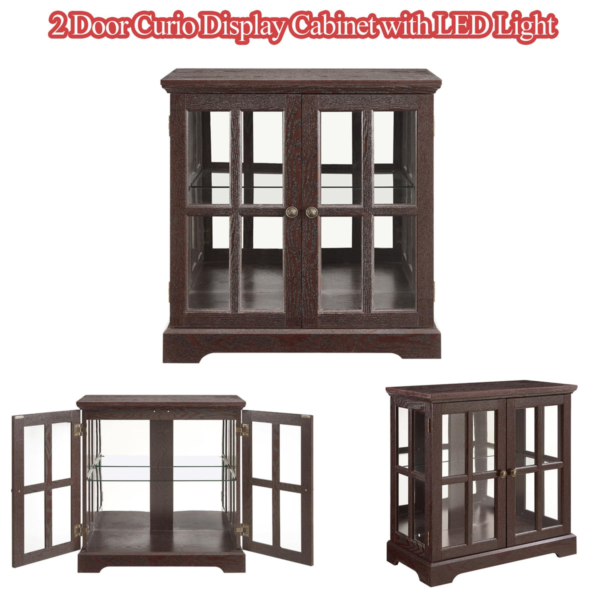 lunhung 2 Door Curio Display Cabinet with LED Light & Adjustable Shelves, 30" Tableware Display Sideboard w/Mirrored Back Pane, Modern Glass Display Storage Cabinet for Kitchen & Living Room (Cherry) lunhung