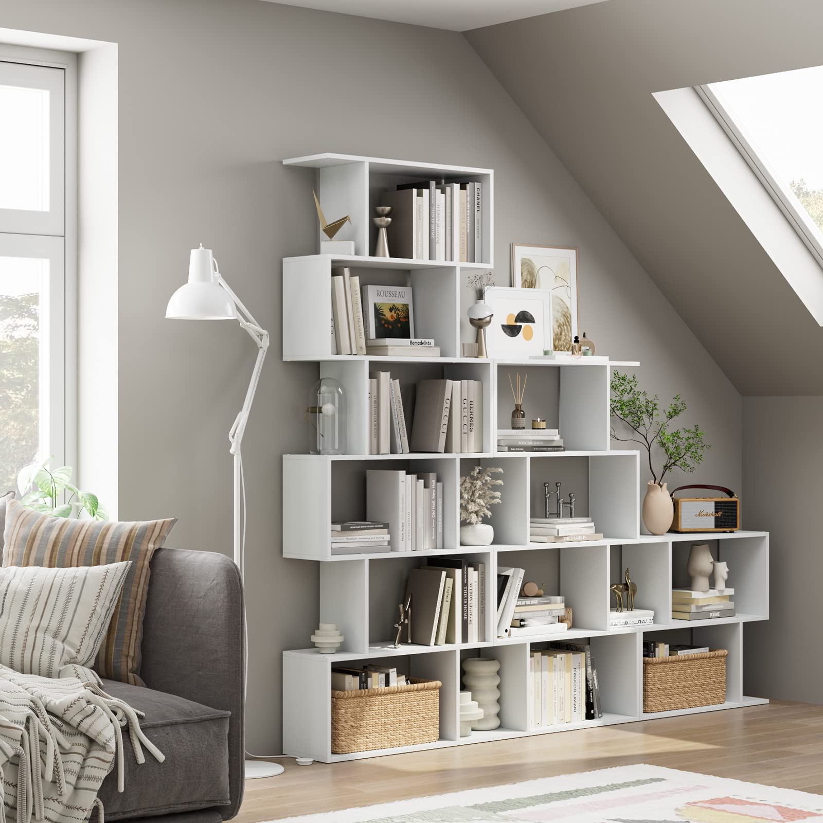 FOTOSOK S-Shaped 6-Tier White Bookcase - Modern Freestanding Display Shelf for Any Room - WoodArtSupply