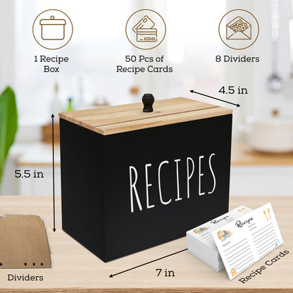 Wooden Recipe Box, Recipes Cards Holder For Counter, Decorative Recipe Card Box Organizer With 6x4 Cards And Dividers, Rustic Wood, Farmhouse Kitchen Decor, Bridal Shower Gifts (black) - WoodArtSupply