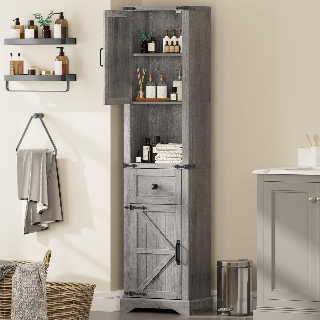 66" Tall Farmhouse Bathroom Storage Cabinet with Barn Doors and Drawer, Narrow Storage Unit, Adjustable Shelves & 5-Tier Space, Freestanding Cabinet for Bathroom, Entryway, Kitchen, Wash Grey Vabches