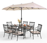 PHI VILLA 7 Piece Outdoor Dining Set with Umbrella, 60” Rectangular Metal Dining Table & 6 Cushioned Wrought Iron Chairs & 13ft Large Beige Umbrella for Patio, Deck, Yard, Porch PHI VILLA